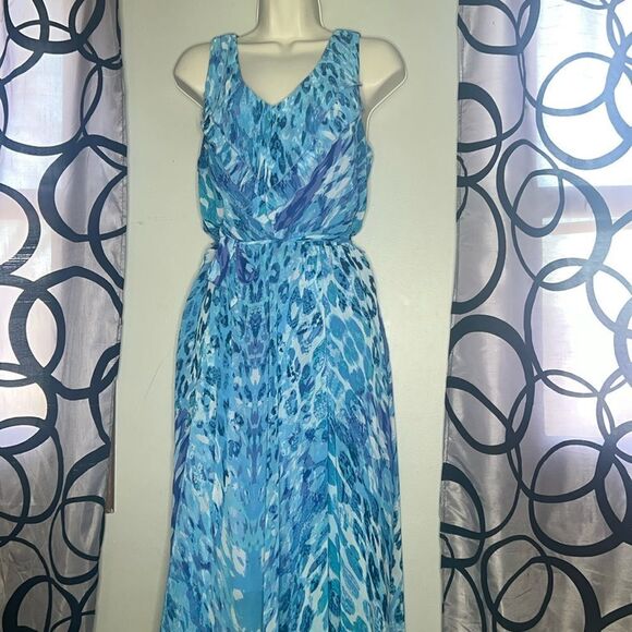 Rabbit Rabbit Rabbit Designs Dress Women’s 10 Blue Long Midi Sheer Belted Lined - Picture 1 of 13